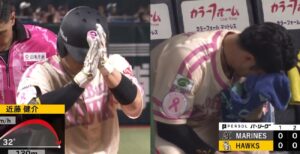 ソフトバンク・近藤健介　5月8日ロッテ戦で先制ホームランのときに天を見上げ、手を合わせて目には涙